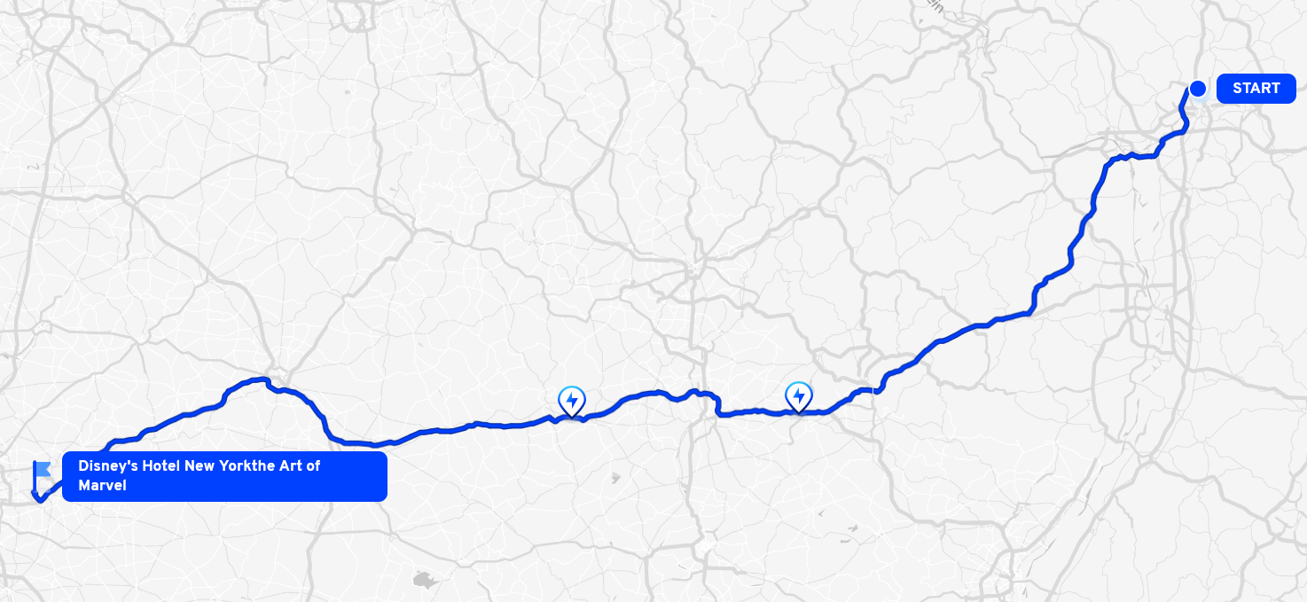 ElectricRoutes Übersichtskarte Hinfahrt Frankfurt nach Disneyland Paris